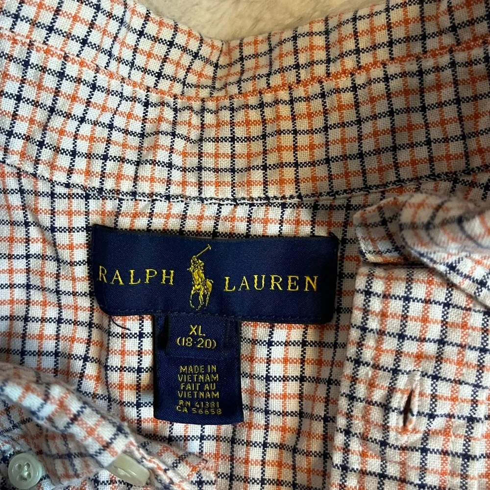 Ralph Lauren Boys XL 18/20 Cream Orange Black Plaid Button Down School Shirt